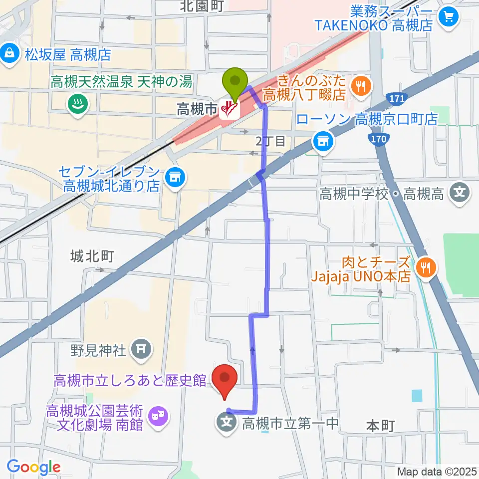 高槻市立しろあと歴史館の最寄駅高槻市駅からの徒歩ルート（約10分）地図