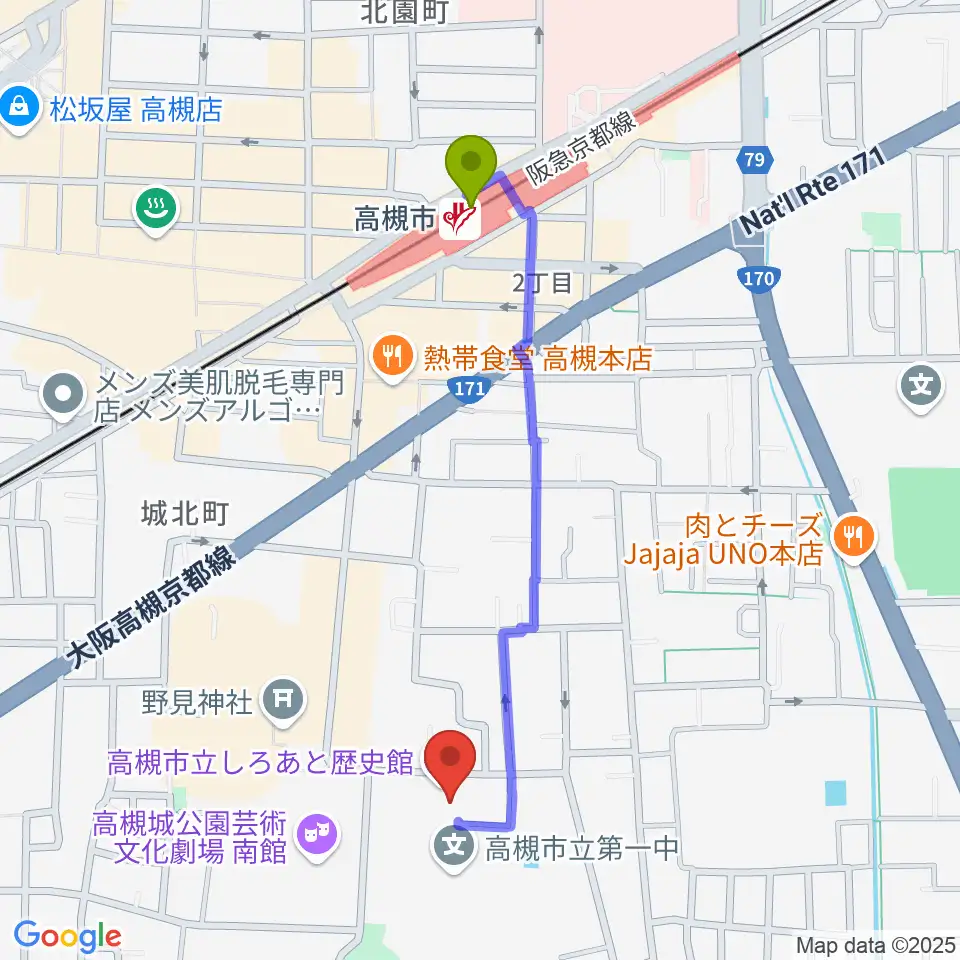 高槻市立しろあと歴史館の最寄駅高槻市駅からの徒歩ルート（約10分）地図