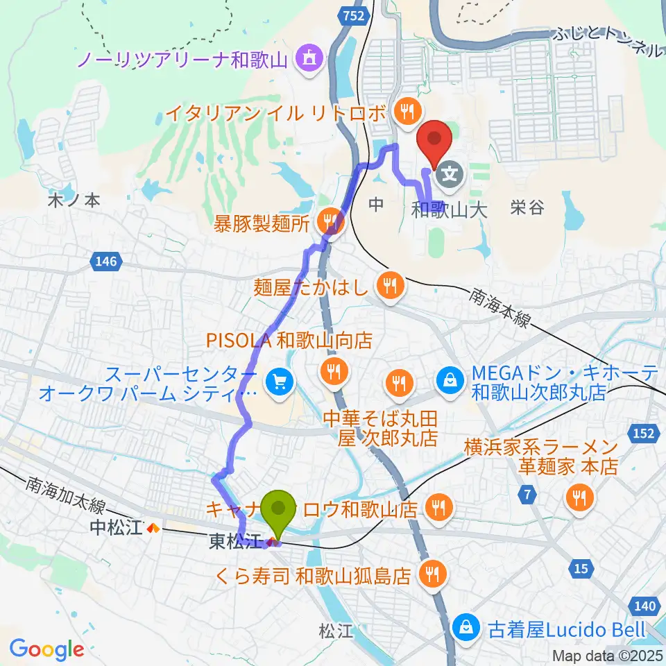 東松江駅から和歌山大学紀州経済史文化史研究所へのルートマップ地図