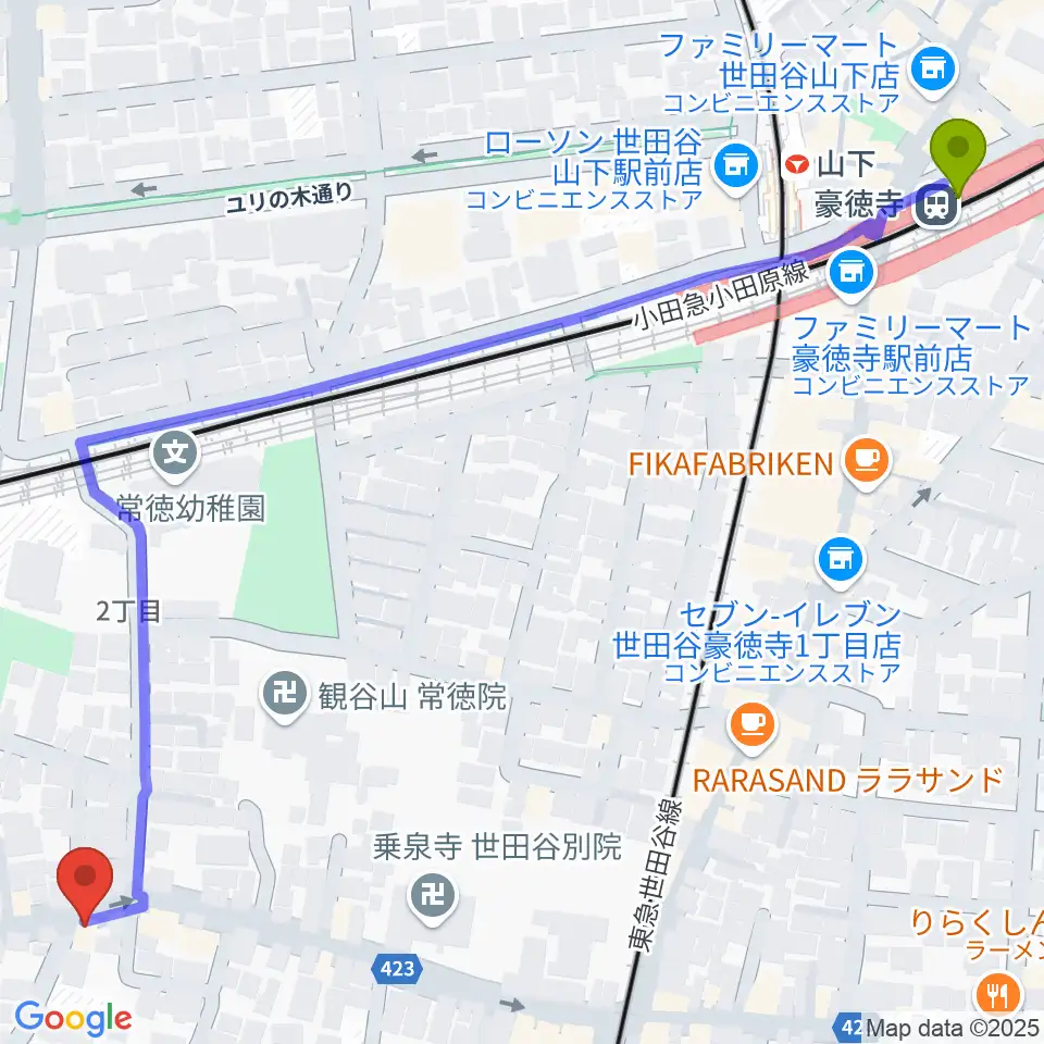 豪徳寺駅からスタジオスリンキーへのルートマップ地図