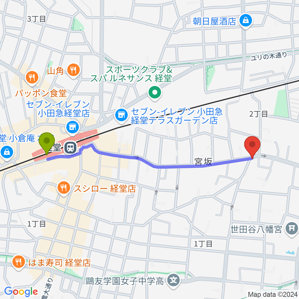 経堂駅からスタジオスリンキーへのルートマップ地図