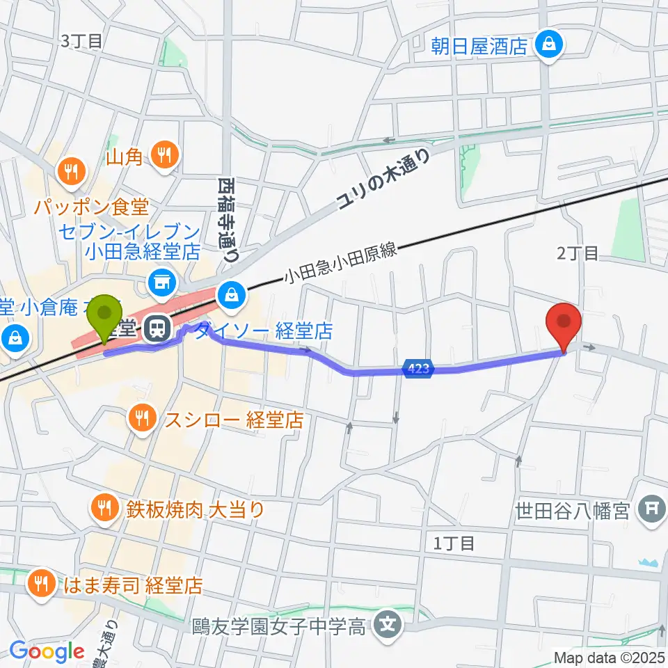 経堂駅からスタジオスリンキーへのルートマップ地図