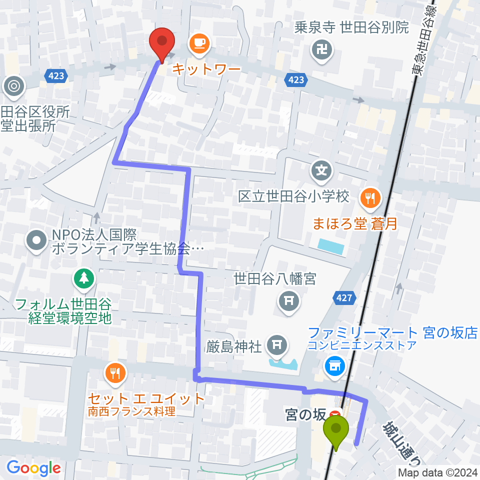 スタジオスリンキーの最寄駅宮の坂駅からの徒歩ルート（約7分）地図