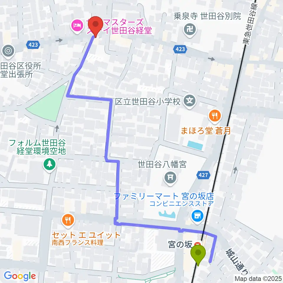 スタジオスリンキーの最寄駅宮の坂駅からの徒歩ルート（約7分）地図