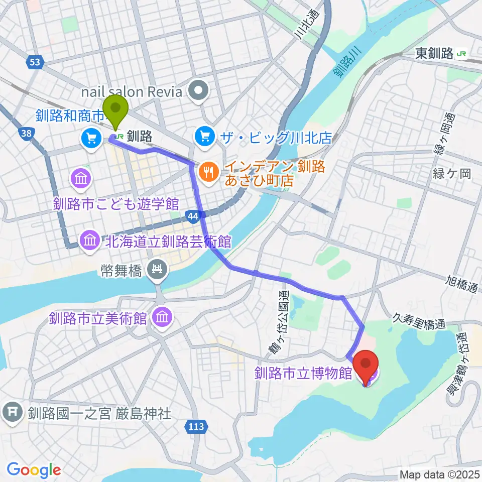 釧路駅から釧路市立博物館へのルートマップ地図