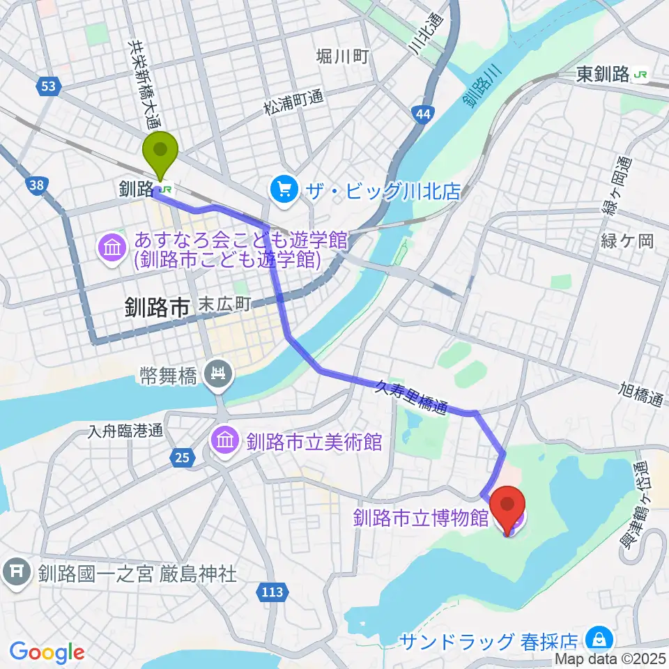 釧路駅から釧路市立博物館へのルートマップ地図