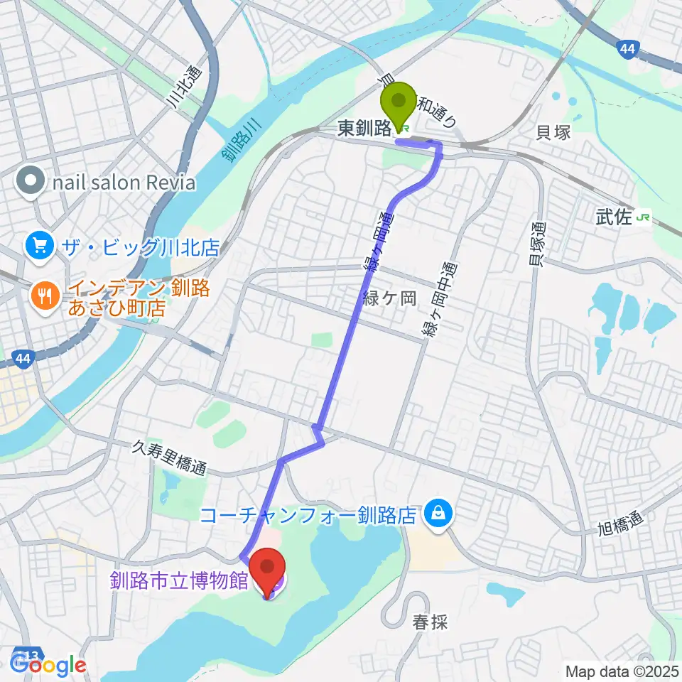 釧路市立博物館の最寄駅東釧路駅からの徒歩ルート（約40分）地図