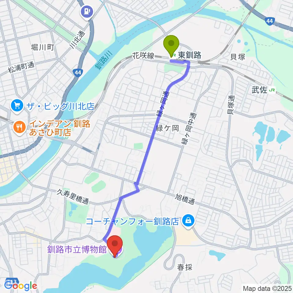 釧路市立博物館の最寄駅東釧路駅からの徒歩ルート（約40分）地図
