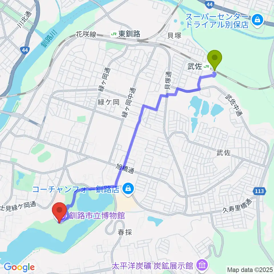 武佐駅から釧路市立博物館へのルートマップ地図