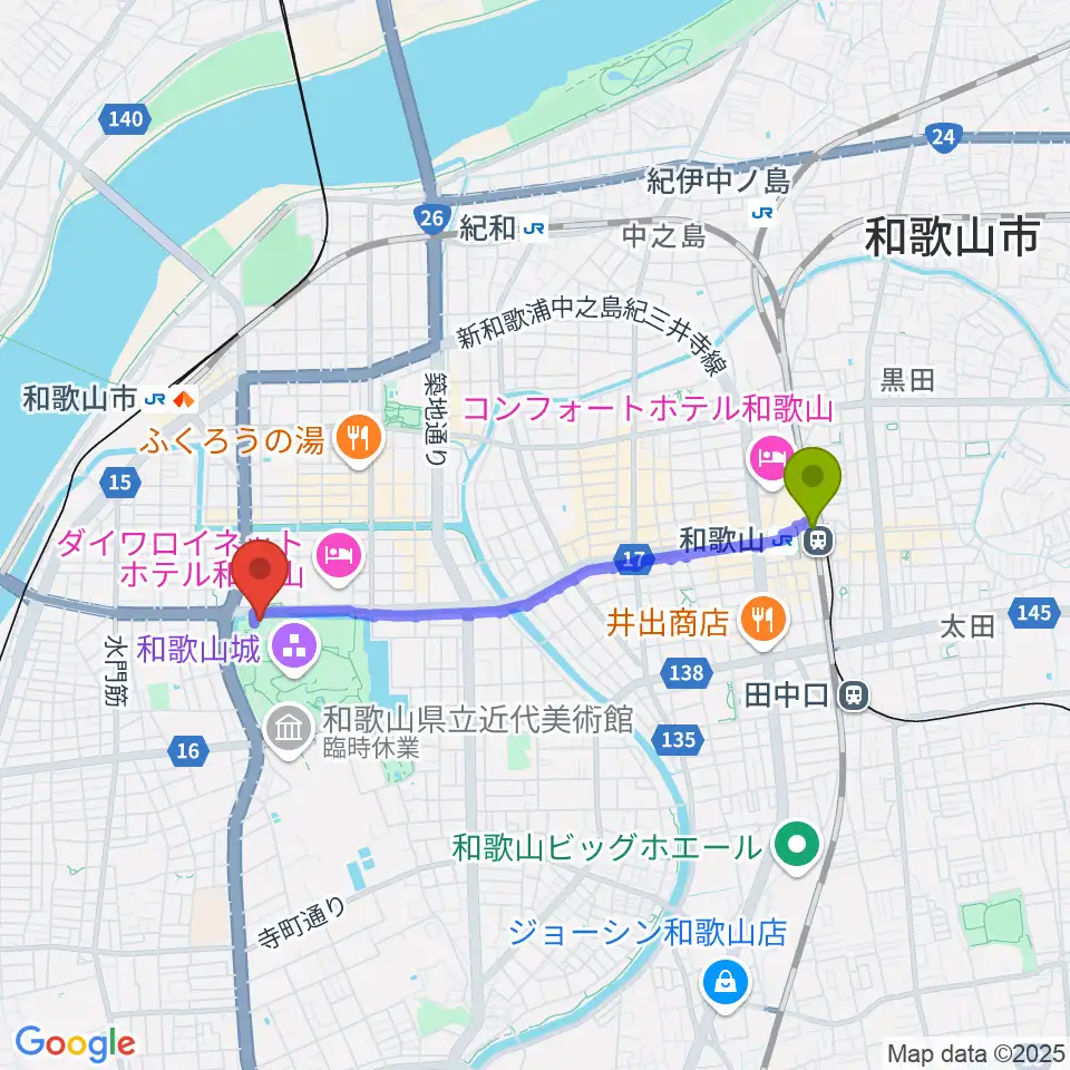 和歌山駅からわかやま歴史館へのルートマップ地図