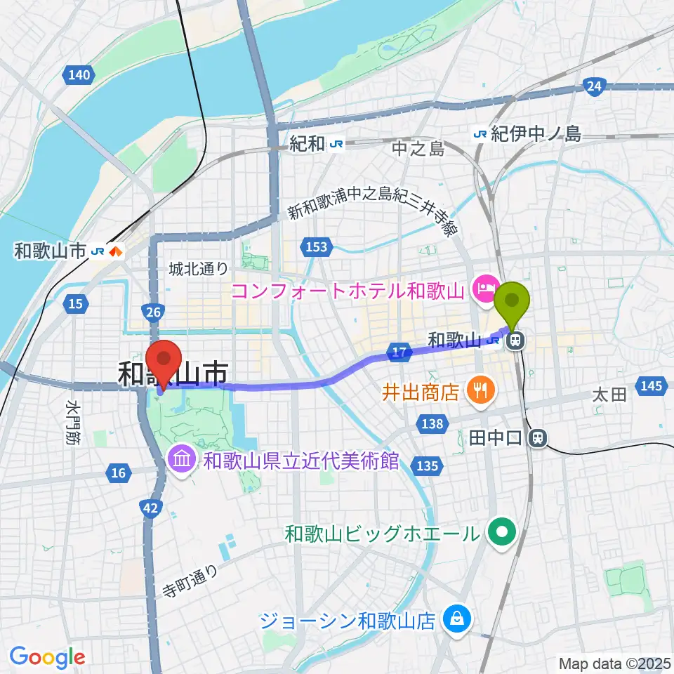 和歌山駅からわかやま歴史館へのルートマップ地図