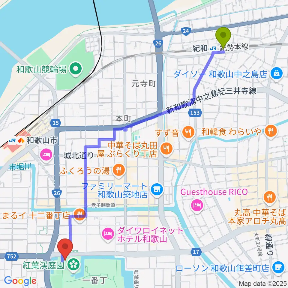 紀和駅からわかやま歴史館へのルートマップ地図