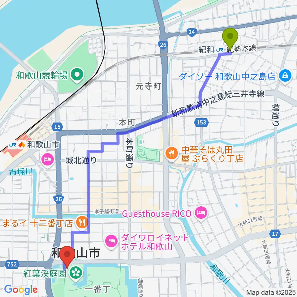 紀和駅からわかやま歴史館へのルートマップ地図