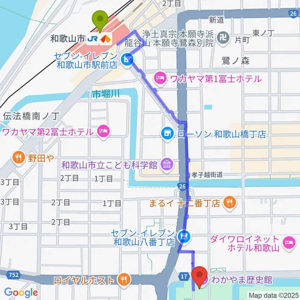 わかやま歴史館の最寄駅和歌山市駅からの徒歩ルート（約14分）地図