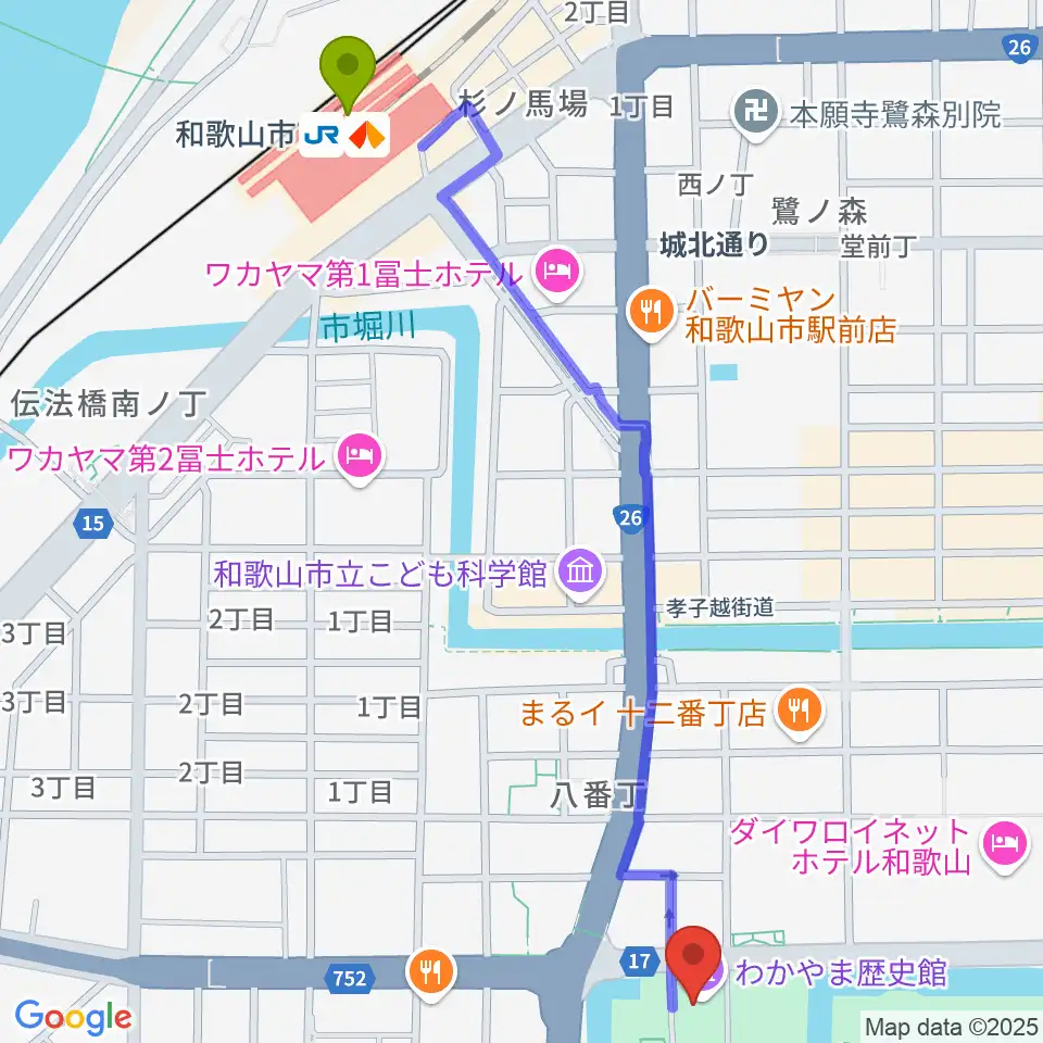わかやま歴史館の最寄駅和歌山市駅からの徒歩ルート（約14分）地図