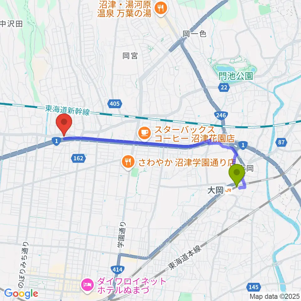 大岡駅から沼津市明治史料館へのルートマップ地図