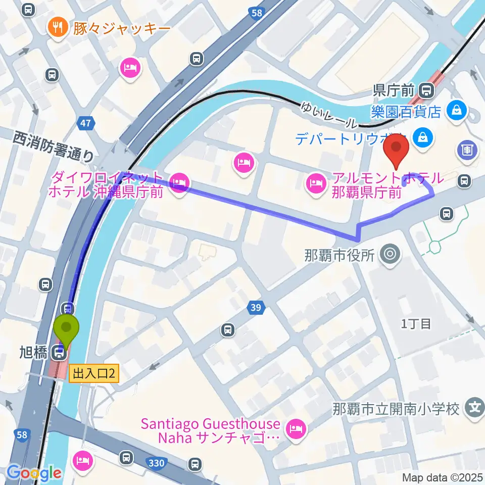 旭橋駅から那覇市歴史博物館へのルートマップ地図