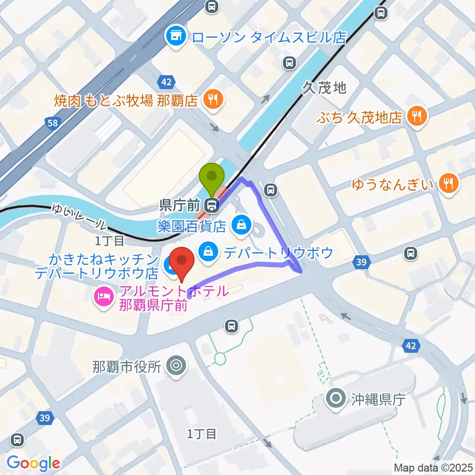 那覇市歴史博物館の最寄駅県庁前駅からの徒歩ルート（約2分）地図