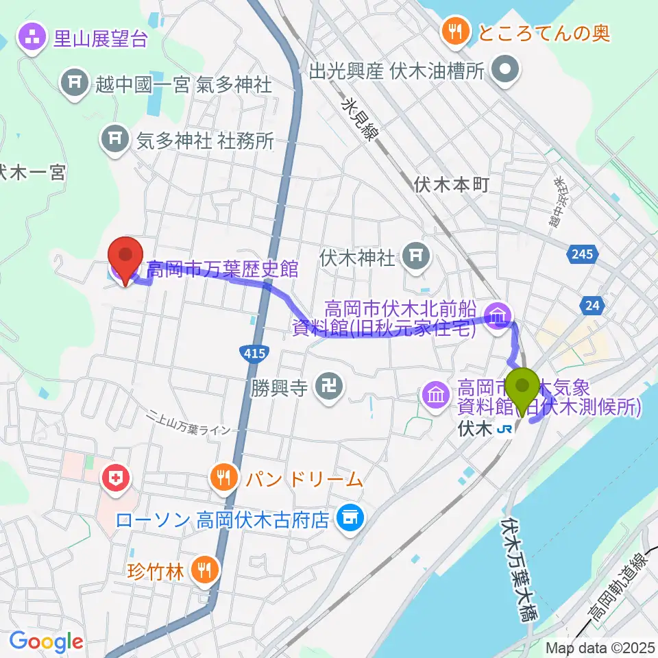 伏木駅から高岡市万葉歴史館へのルートマップ地図