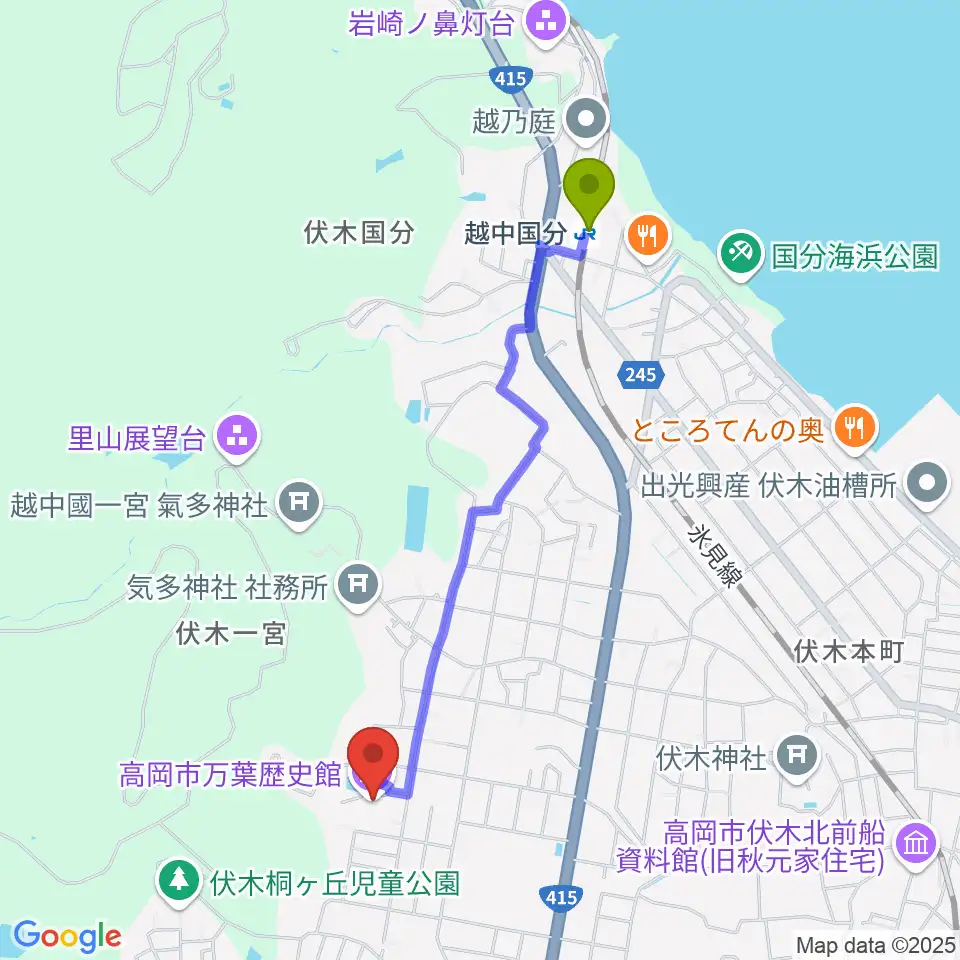 高岡市万葉歴史館の最寄駅越中国分駅からの徒歩ルート（約19分）地図