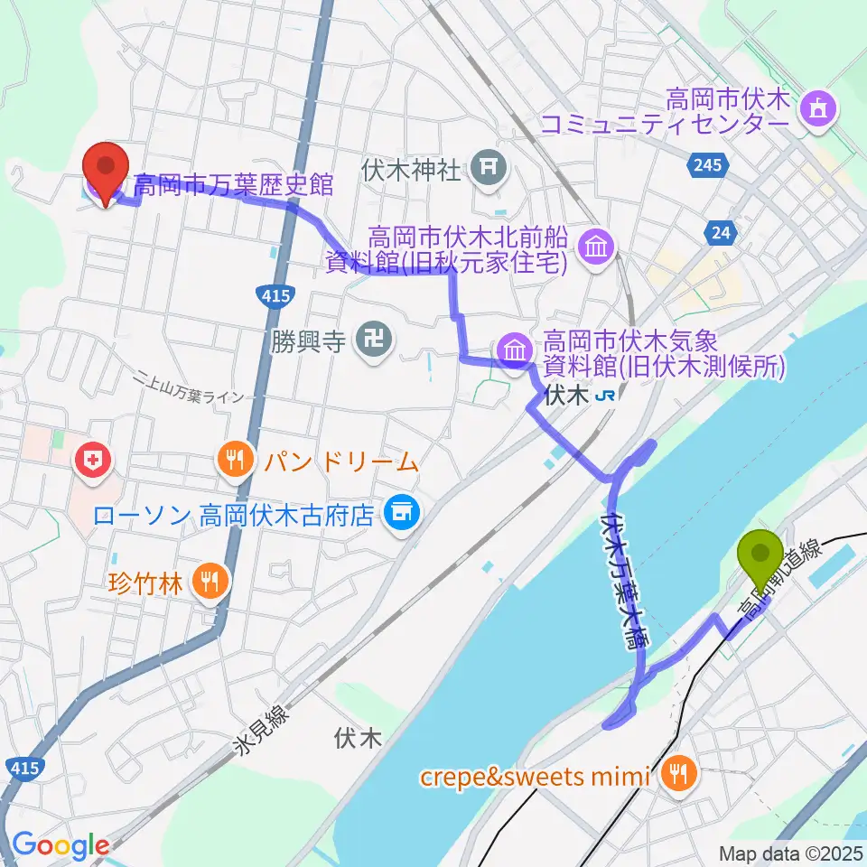 中伏木駅から高岡市万葉歴史館へのルートマップ地図