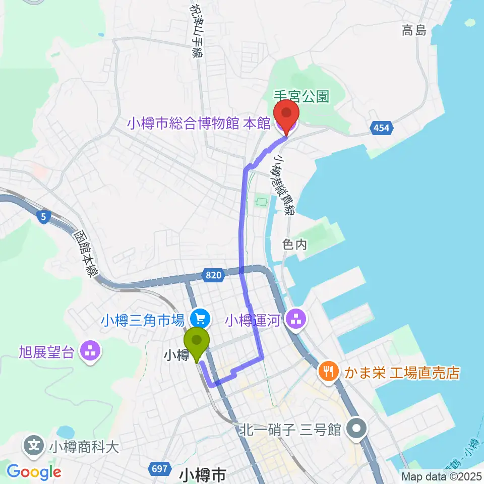 小樽市総合博物館・本館の最寄駅小樽駅からの徒歩ルート（約28分）地図