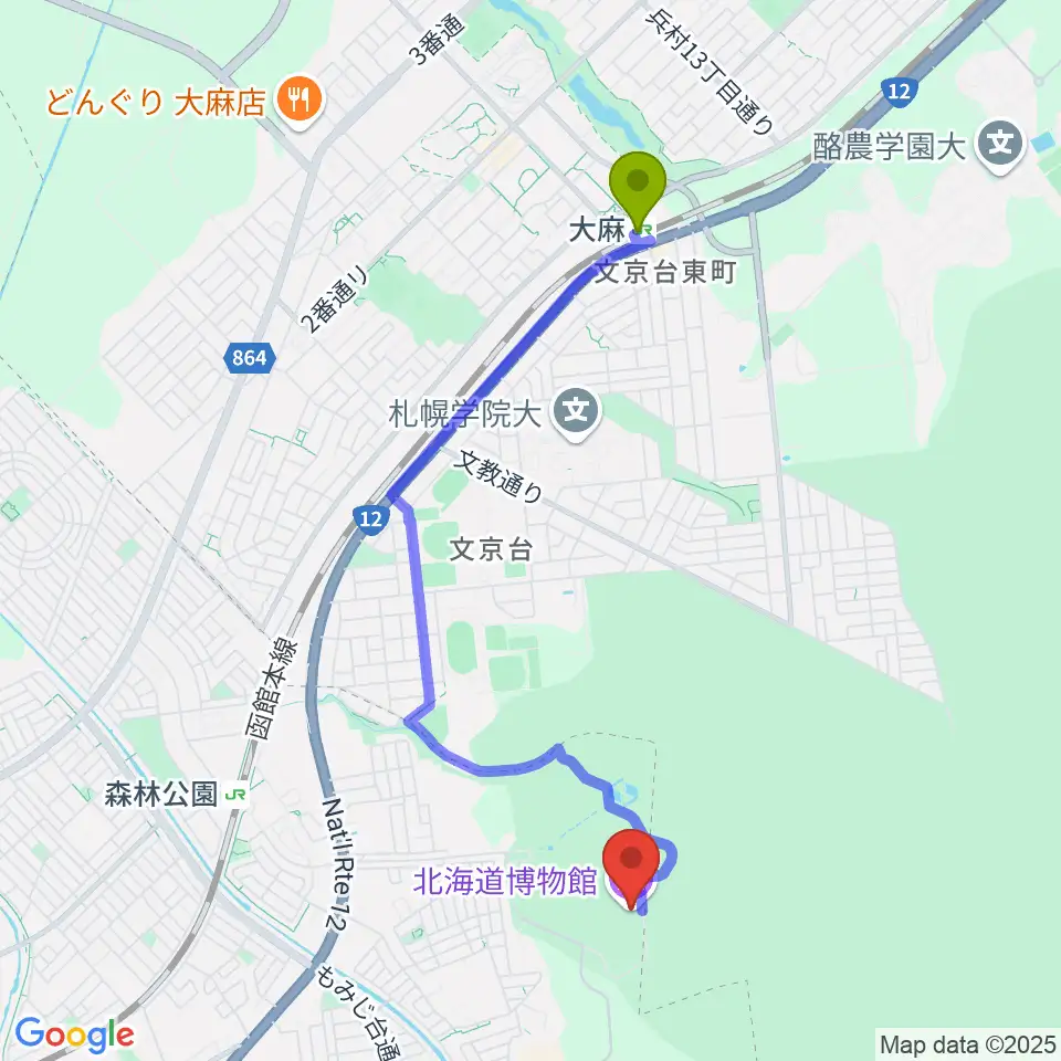 大麻駅から北海道博物館へのルートマップ地図