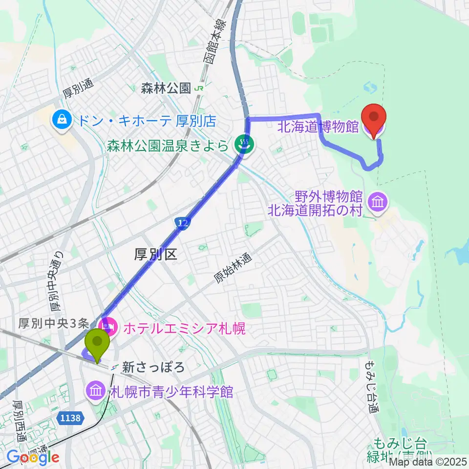新札幌駅から北海道博物館へのルートマップ地図