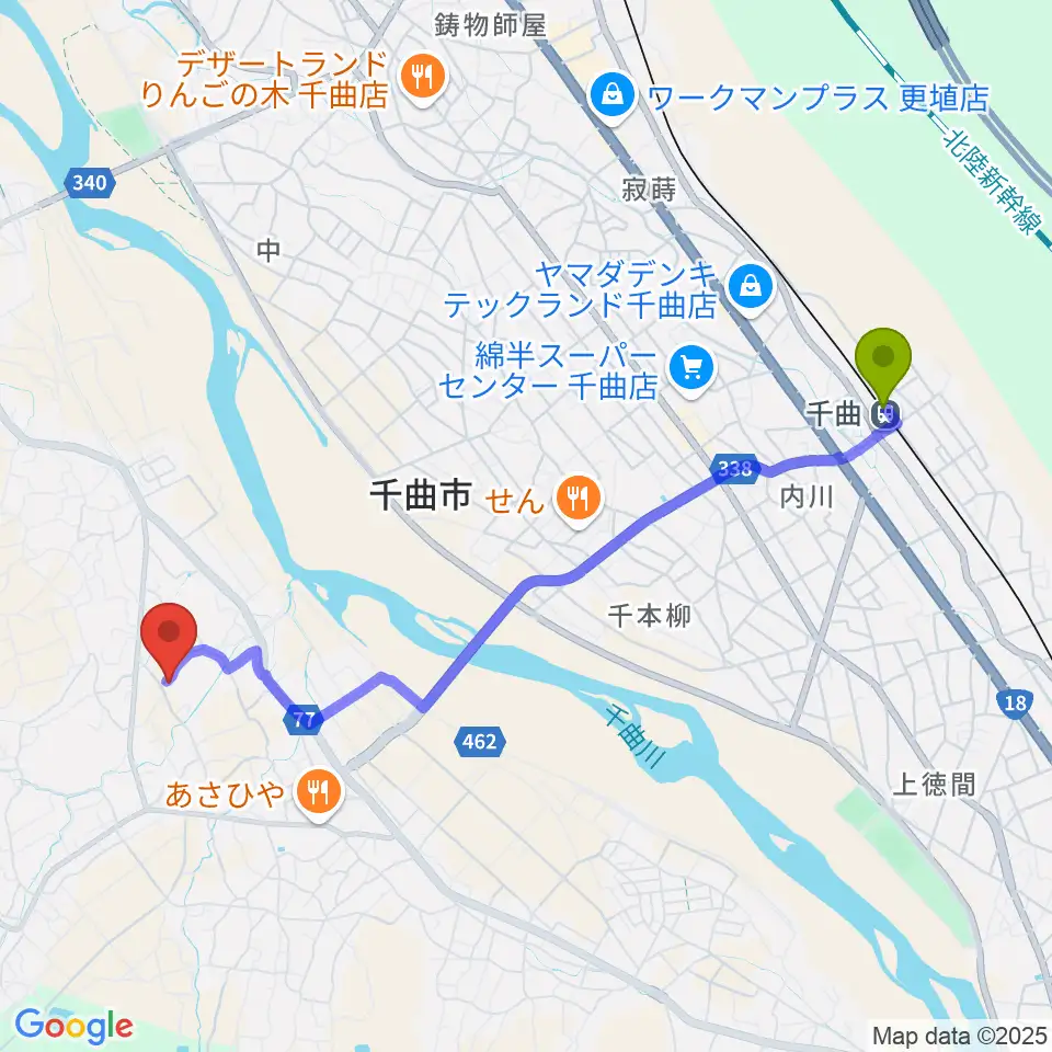 千曲駅から千曲市さらしなの里歴史資料館へのルートマップ地図