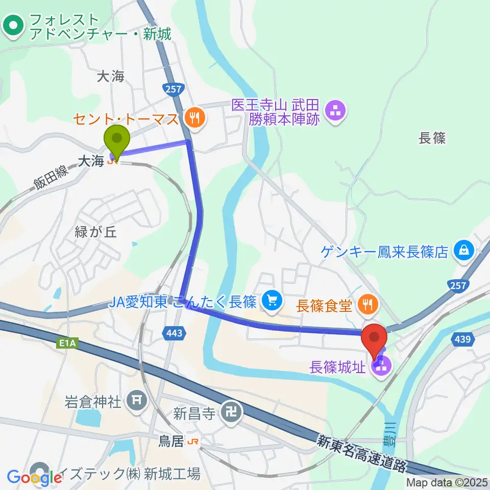 大海駅から長篠城址史跡保存館へのルートマップ地図