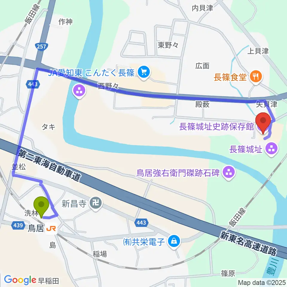 鳥居駅から長篠城址史跡保存館へのルートマップ地図