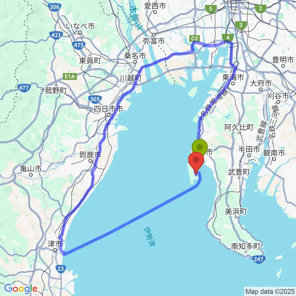 りんくう常滑駅からAichi Sky Expoへのルートマップ地図