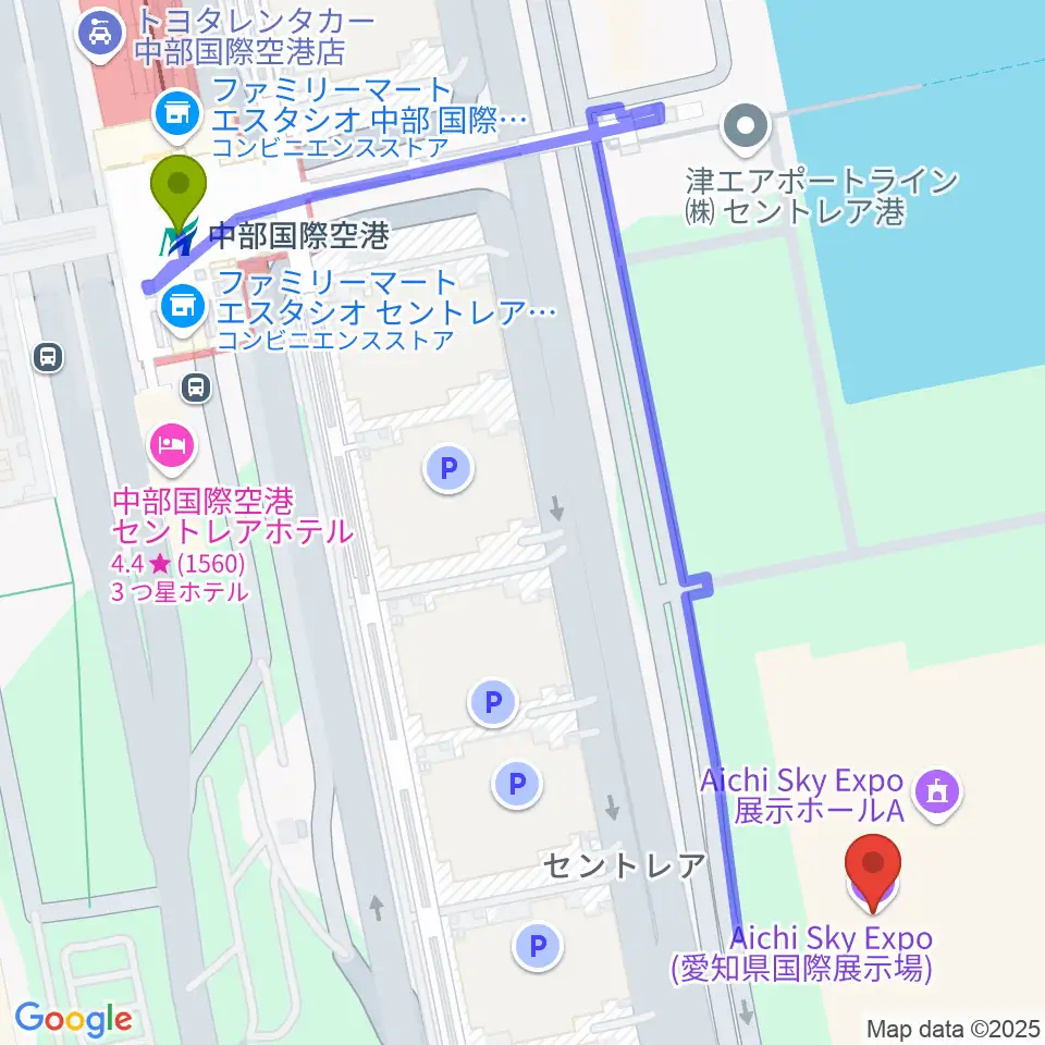 Aichi Sky Expoの最寄駅中部国際空港駅からの徒歩ルート（約7分）地図