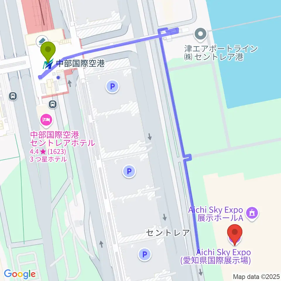 Aichi Sky Expoの最寄駅中部国際空港駅からの徒歩ルート（約7分）地図