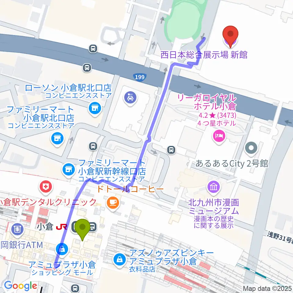 西日本総合展示場の最寄駅小倉駅からの徒歩ルート（約7分）地図