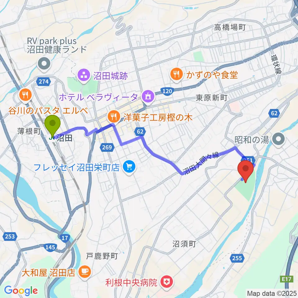 オリエントスタジアムぬまたの最寄駅沼田駅からの徒歩ルート（約41分）地図