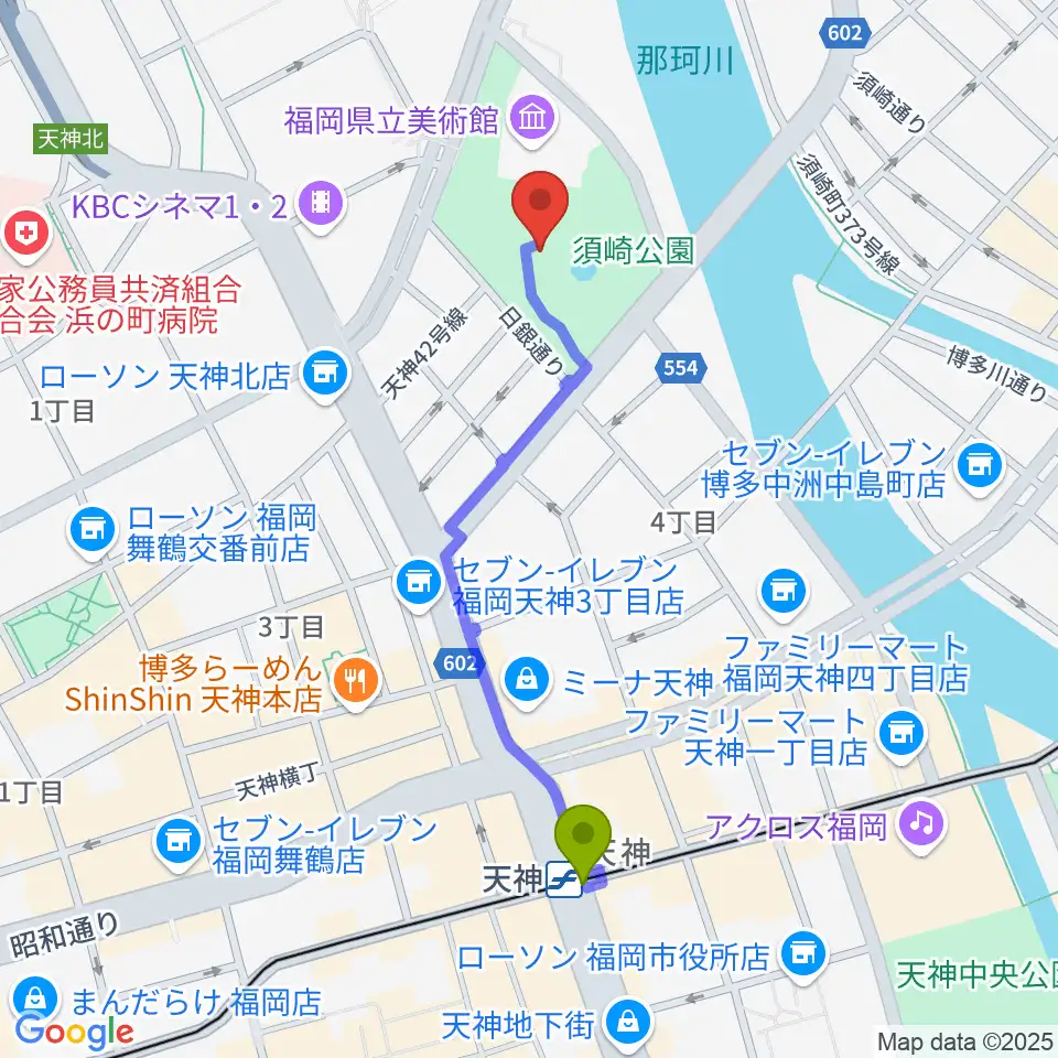 福岡市民ホールの最寄駅天神駅からの徒歩ルート（約10分）地図