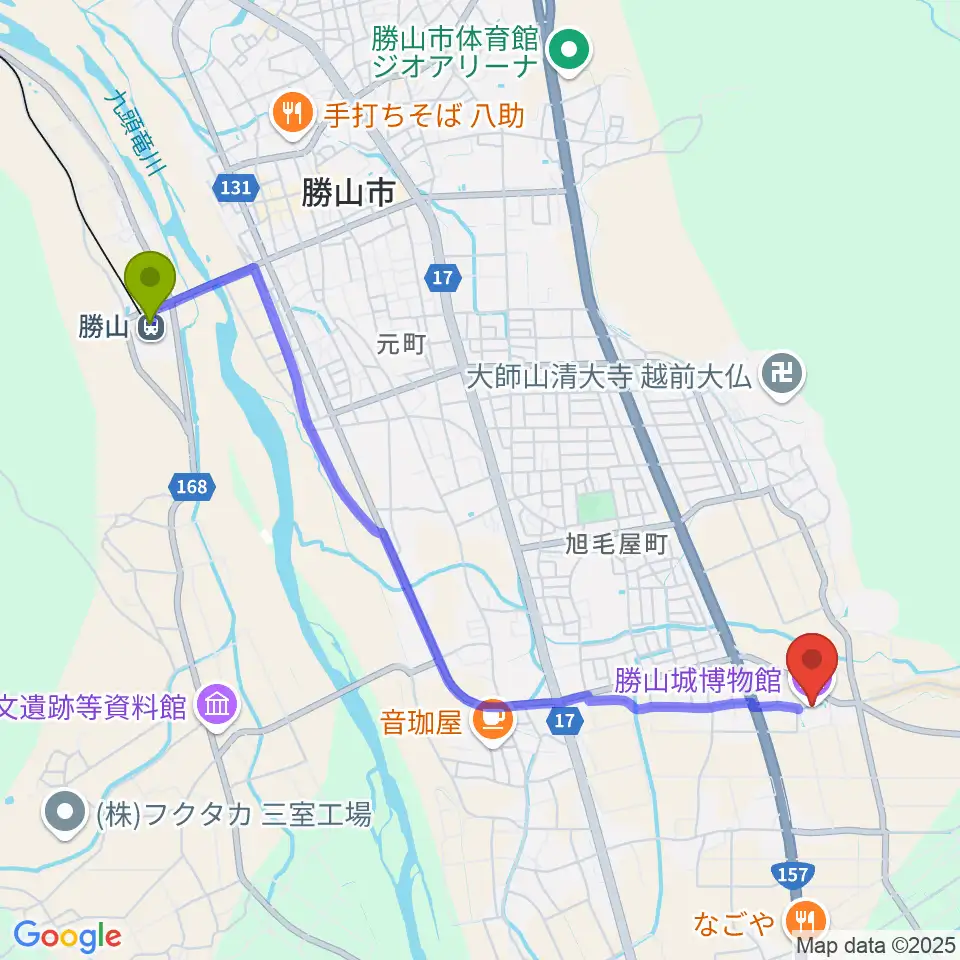 勝山城博物館の最寄駅勝山駅からの徒歩ルート（約49分）地図