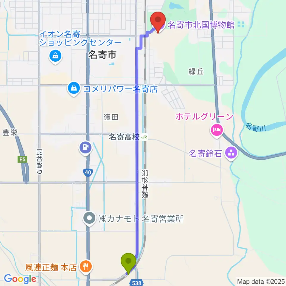 東風連駅から名寄市北国博物館へのルートマップ地図