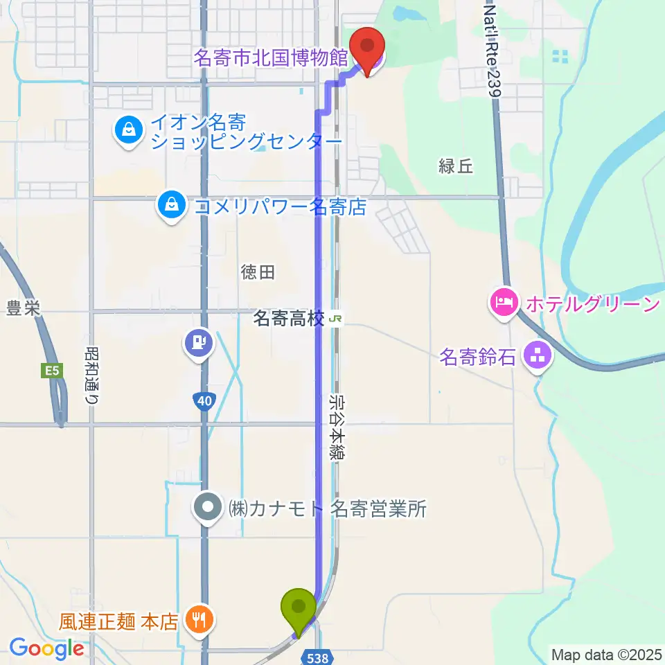 東風連駅から名寄市北国博物館へのルートマップ地図