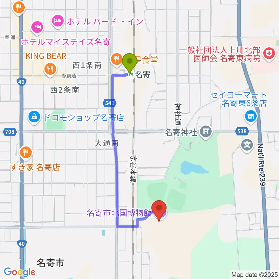 名寄市北国博物館の最寄駅名寄駅からの徒歩ルート（約15分）地図