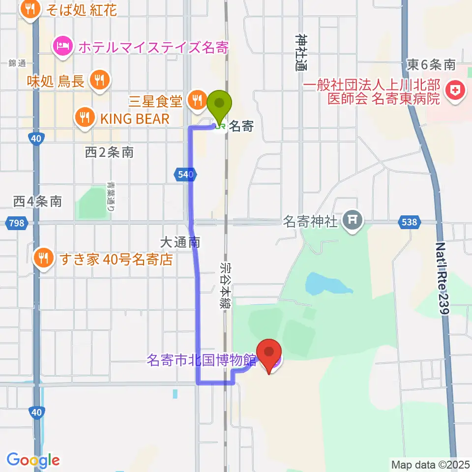 名寄市北国博物館の最寄駅名寄駅からの徒歩ルート（約15分）地図
