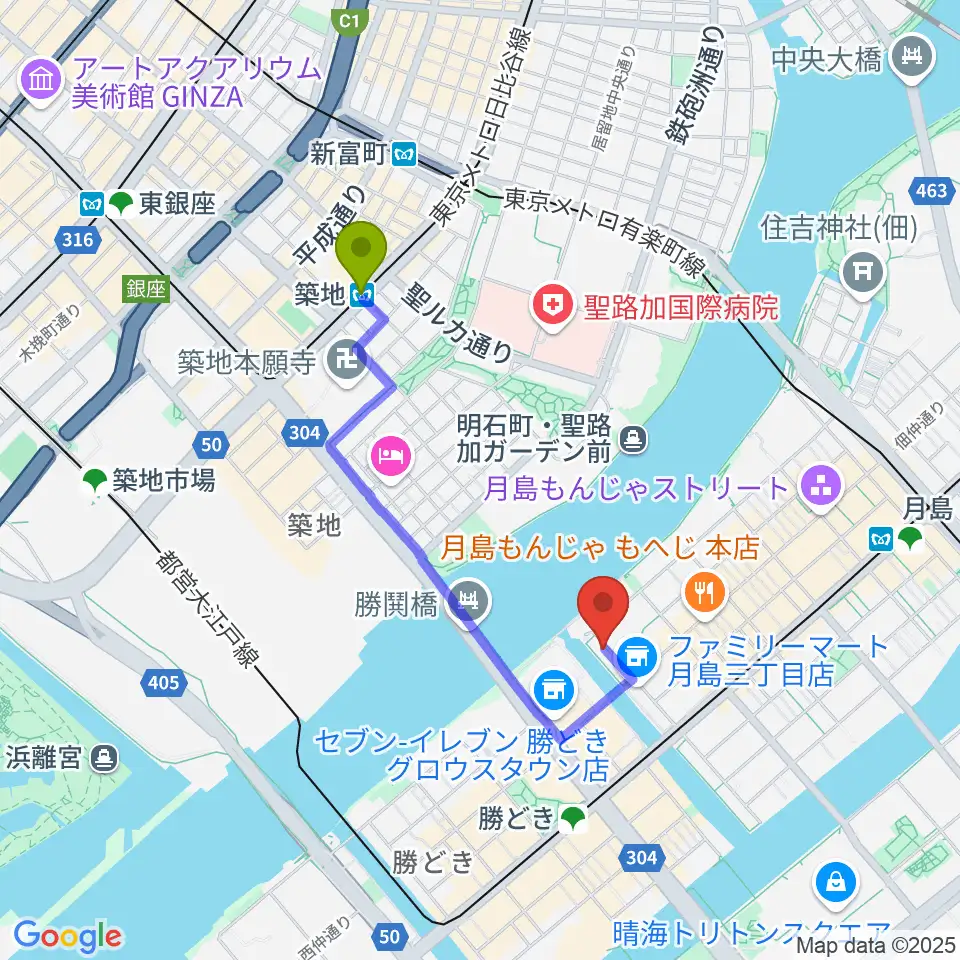 築地駅から月島ピアノアートサロンへのルートマップ地図