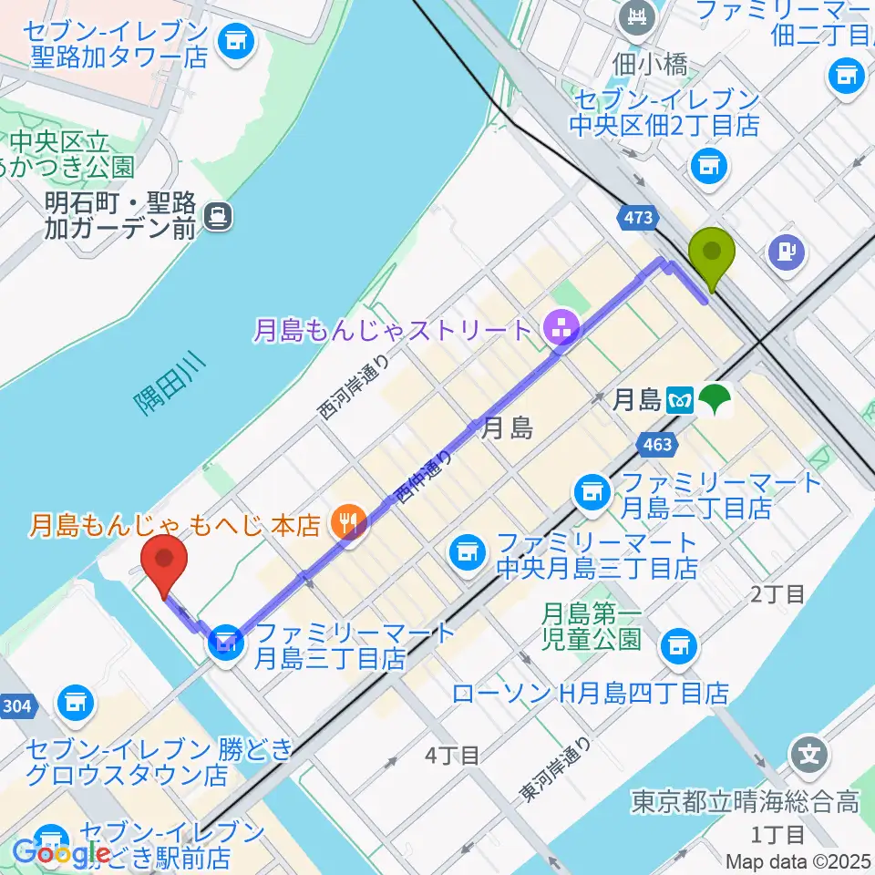 月島駅から月島ピアノアートサロンへのルートマップ地図