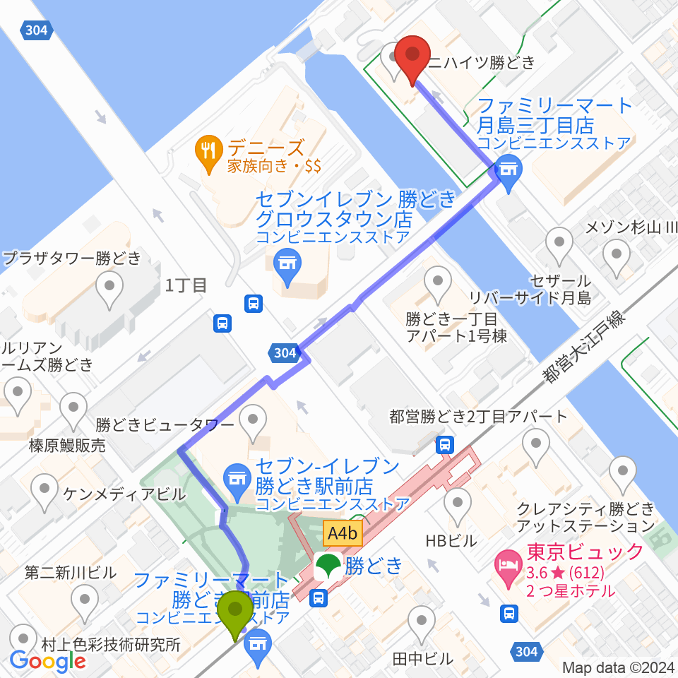 月島ピアノアートサロンの最寄駅勝どき駅からの徒歩ルート（約7分）地図
