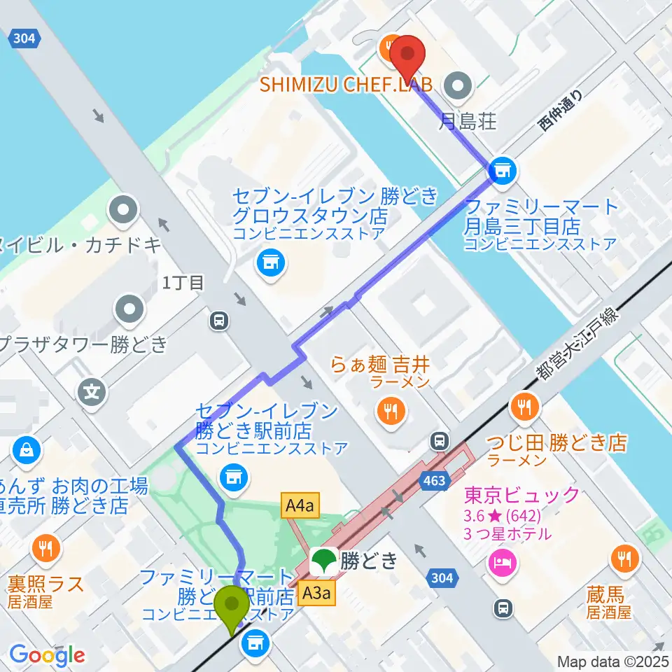 月島ピアノアートサロンの最寄駅勝どき駅からの徒歩ルート（約7分）地図