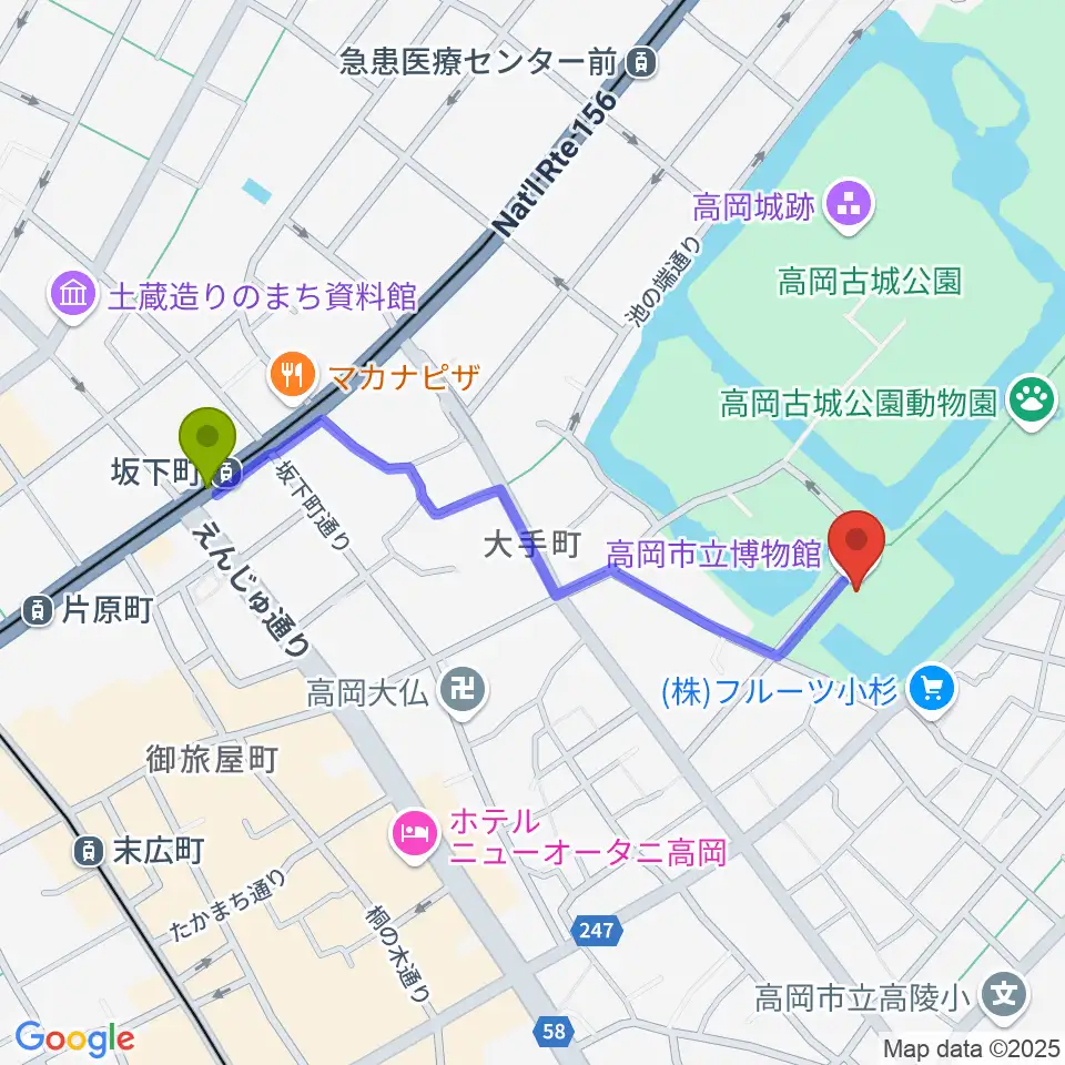 坂下町駅から高岡市立博物館へのルートマップ地図