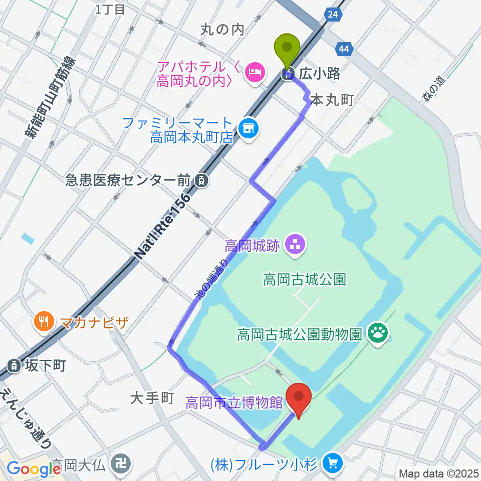 広小路駅から高岡市立博物館へのルートマップ地図