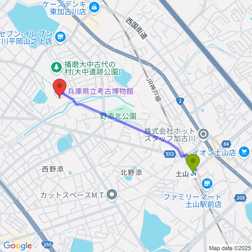 兵庫県立考古博物館の最寄駅土山駅からの徒歩ルート（約19分）地図