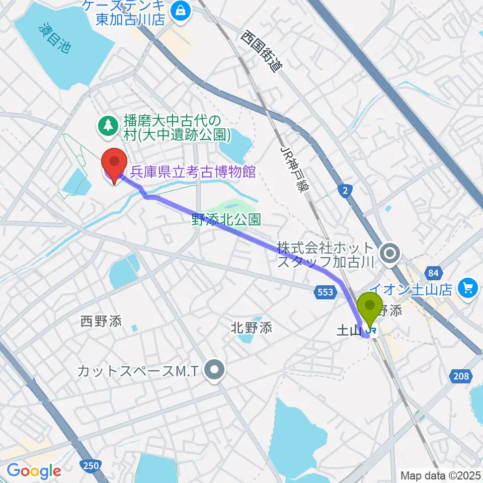 兵庫県立考古博物館の最寄駅土山駅からの徒歩ルート（約19分）地図